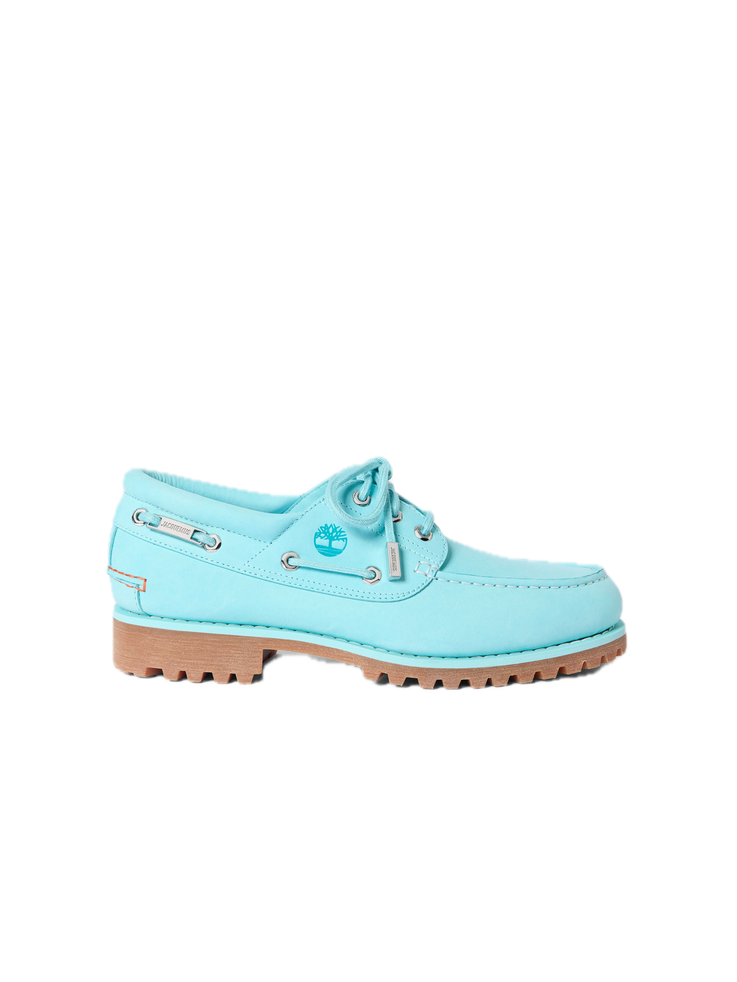 Front view of the Timberland x Jacquemus Authentic Boat Shoe in Lagoon Blue showcasing the moc-toe shape, tonal laces, and premium leather upper.