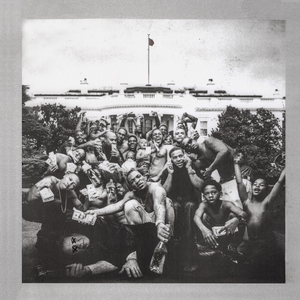 Cover of Kendrick Lamar’s 2015 album To Pimp a Butterfly featuring Kendrick and a crowd gathered in front of the White House in black and white.