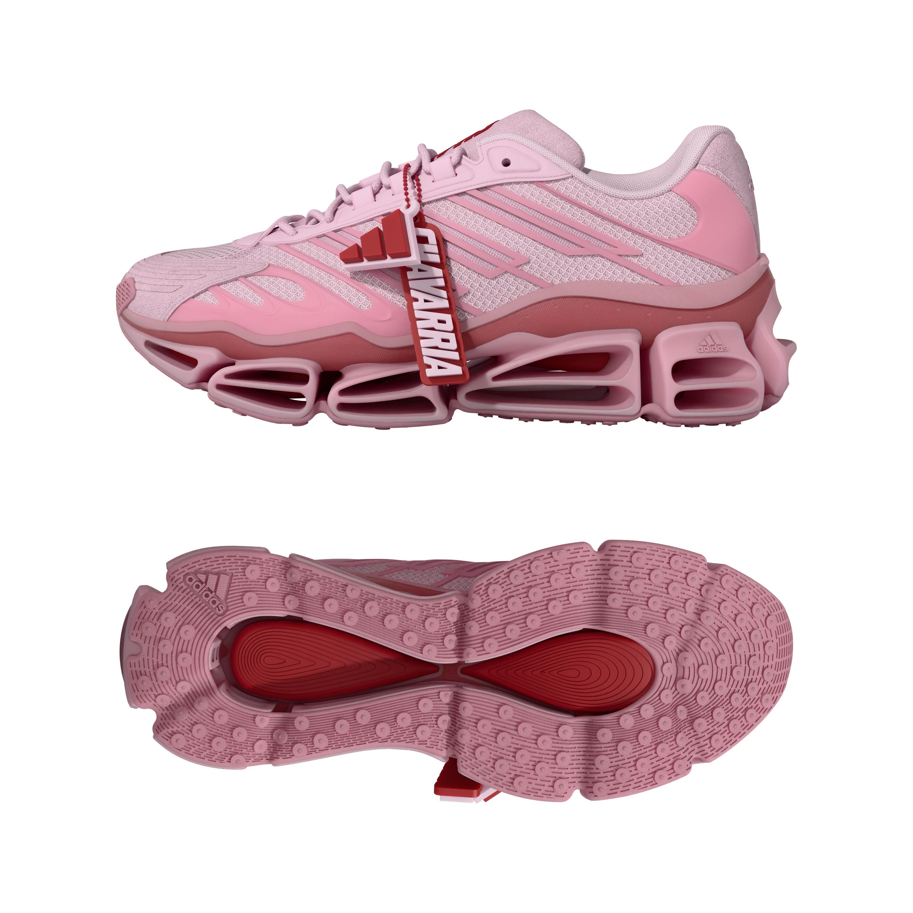 Side profile and outsole view of the adidas Originals x Willy Chavarria Megaride AG in pink, showcasing the oversized Megaride cushioning system and textured rubber outsole.