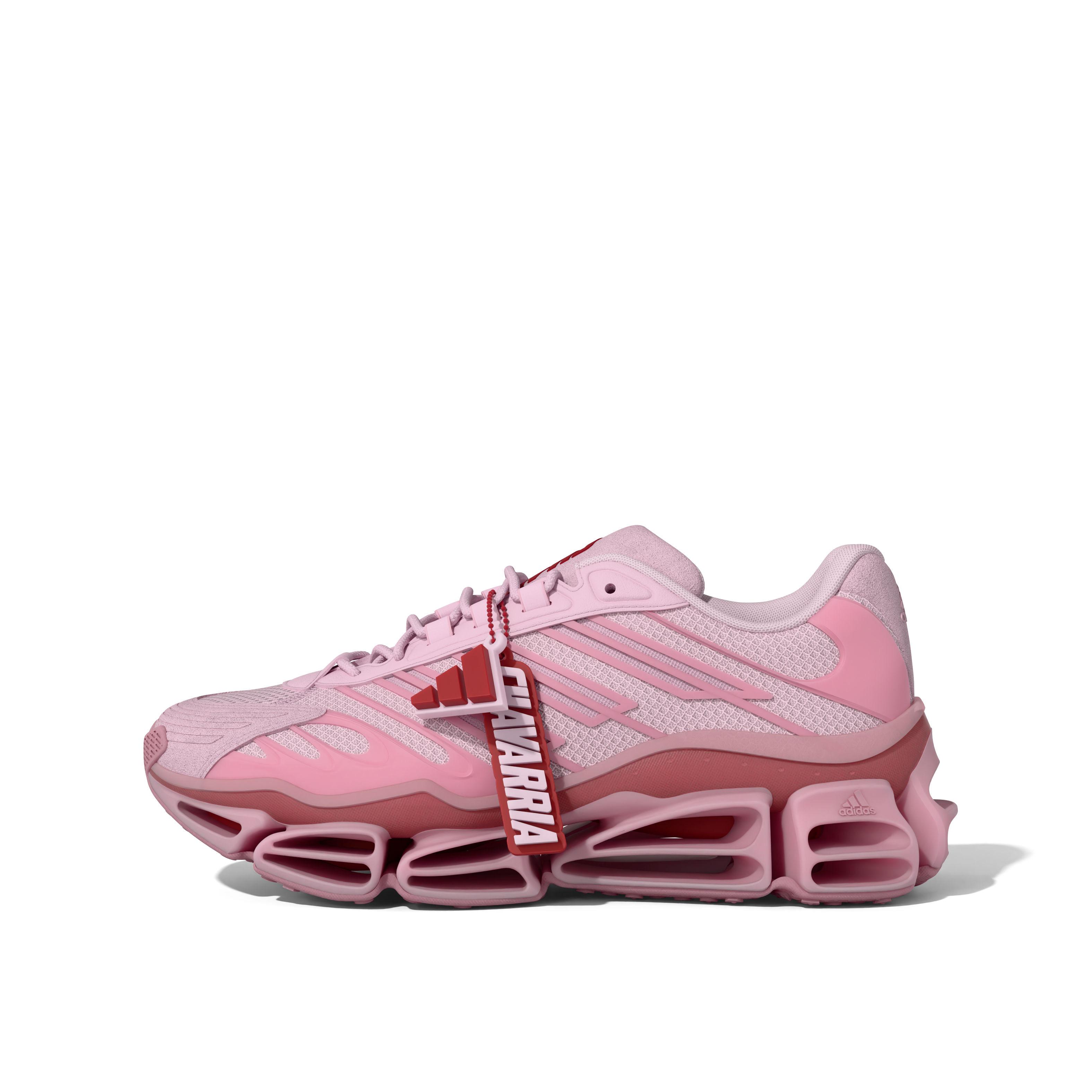 Side profile of the adidas Originals x Willy Chavarria Megaride AG in pink, highlighting the oversized Megaride midsole, mesh upper, and premium suede overlays.