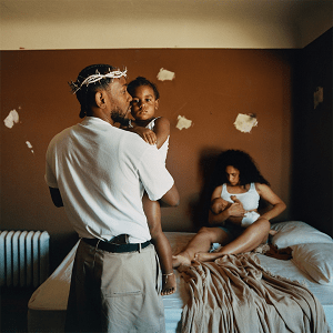 Cover of Kendrick Lamar’s 2022 album Mr. Morale & the Big Steppers featuring Kendrick wearing a crown of thorns while holding his daughter in a family portrait.