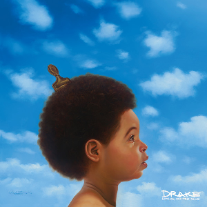 Painted portrait of Drake against blue sky background