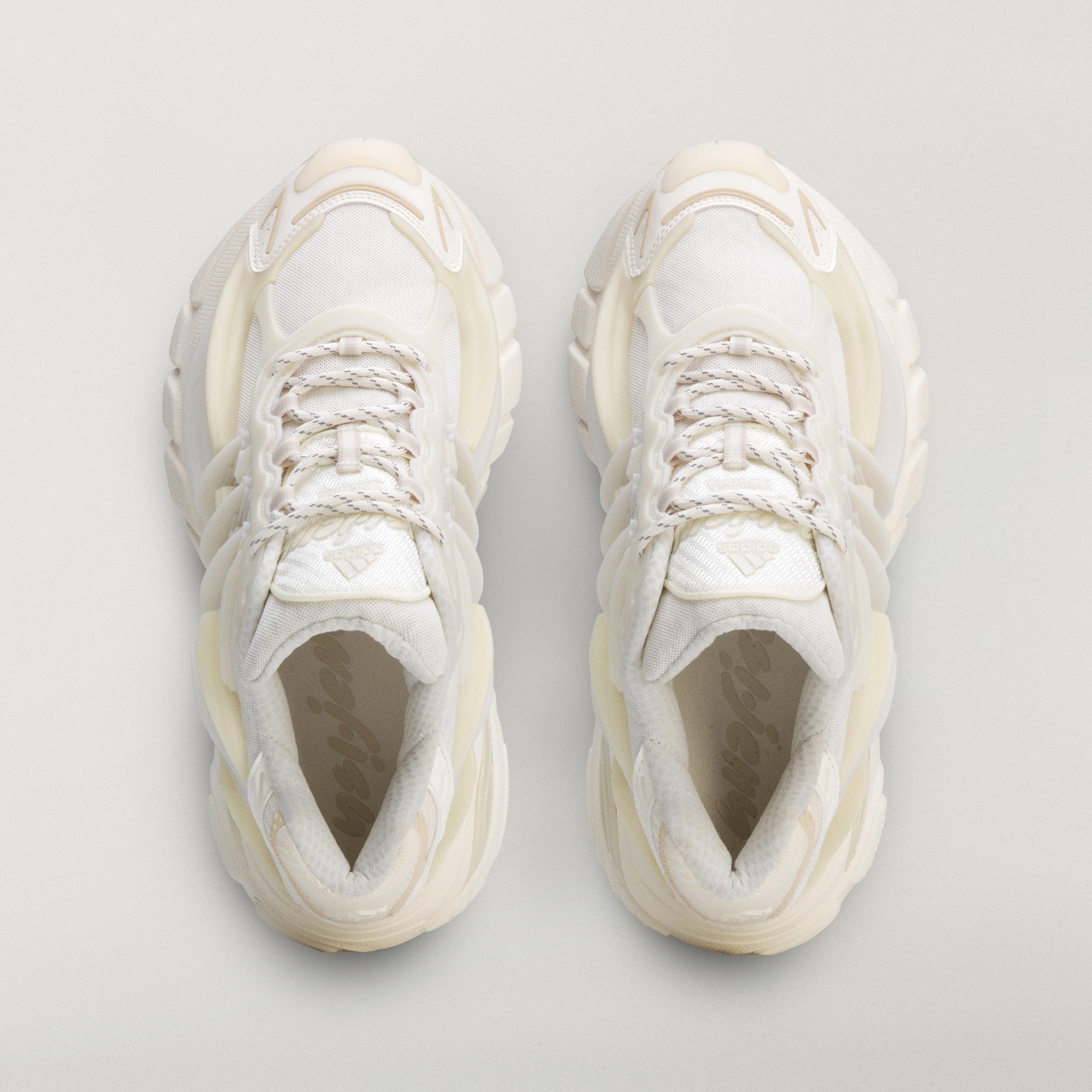 Top-down view of the adidas Originals x Pharrell Williams VIRGINIA Adistar Jellyfish sneaker in the Triple White colorway.