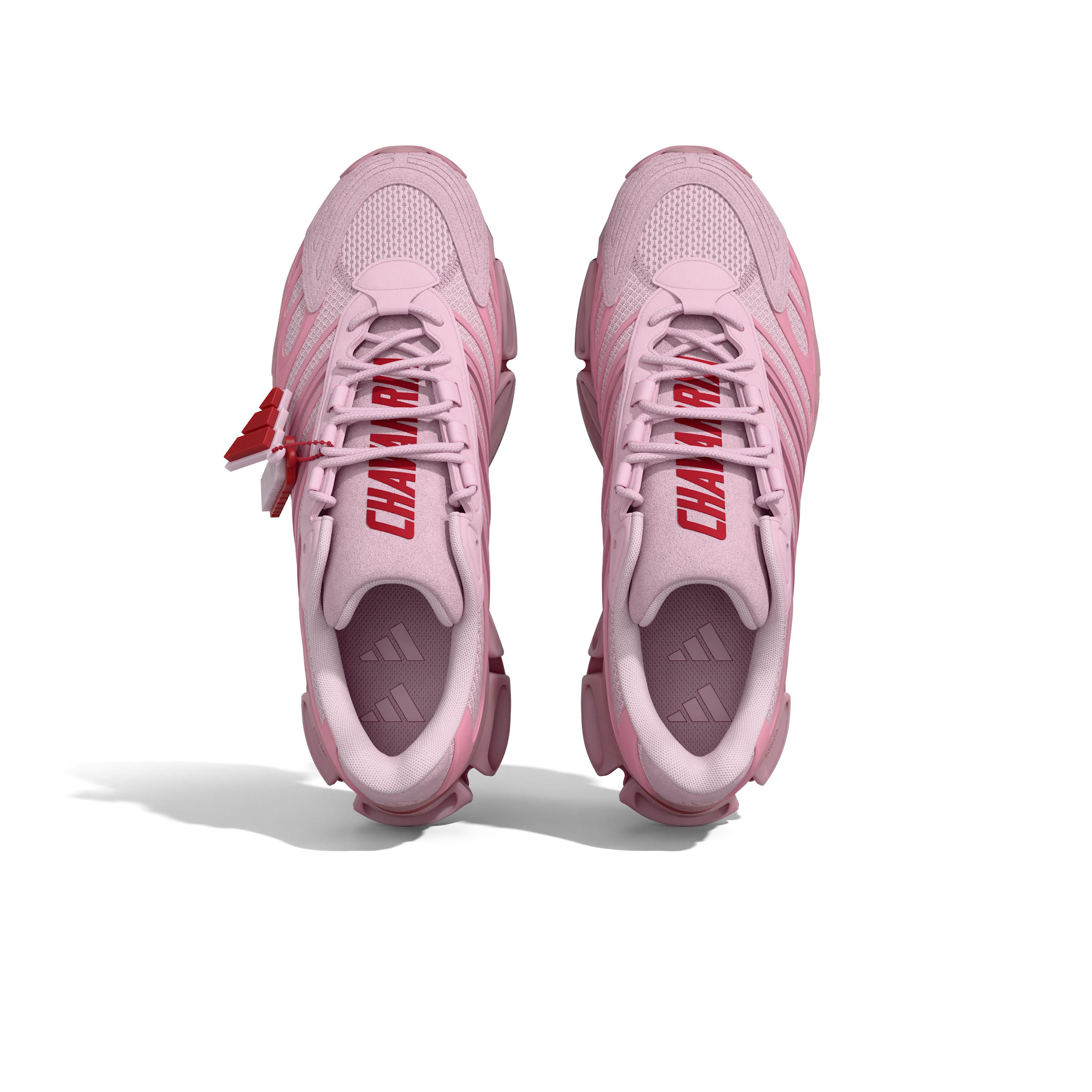 Top view of the adidas Originals x Willy Chavarria Megaride AG sneaker in pink with red Chavarria branding and a removable silicone keychain charm.